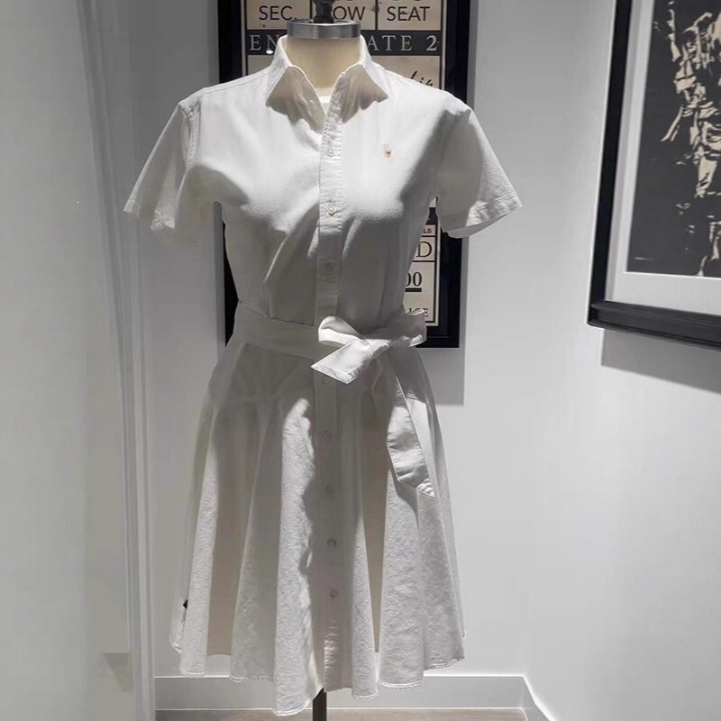 Ralph Lauren Little Pony Embroidered Cotton Commuter Style Simple Versatile Lapel Short Sleeve Cardigan Dress with Tie