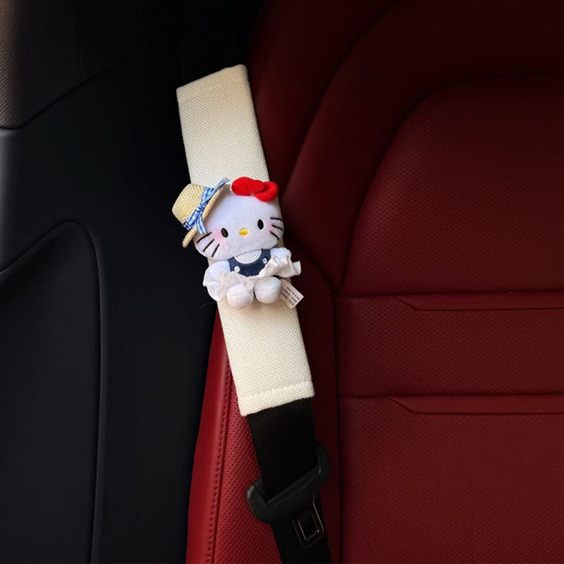 Cute Straw Hat Kitty Cat Safety Belt Shoulder Cover Spring Outing Doll Car Interior Decoration High-End Female