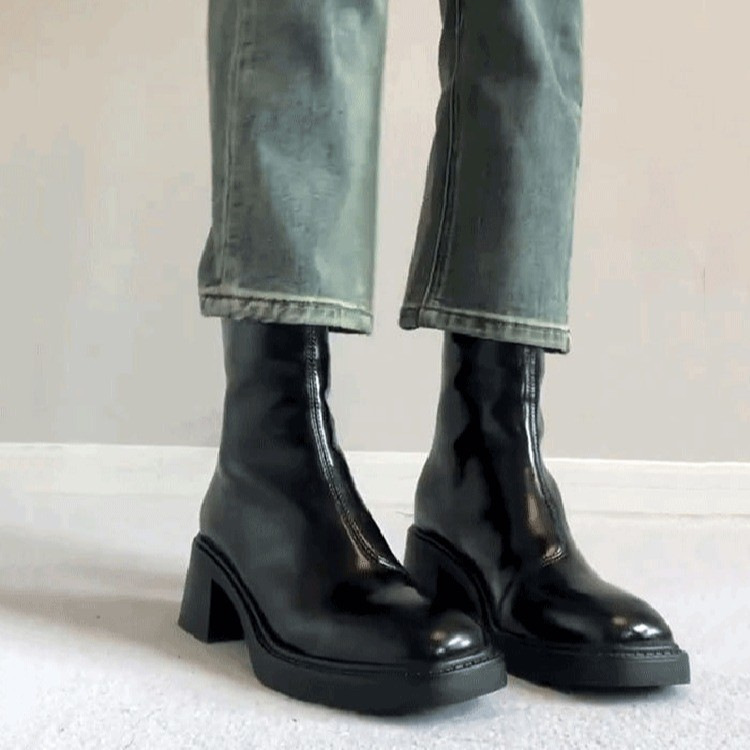 2025 New Spring & Fall Commuter Boots British Style Square Toe Chelsea Boots High Heels Slim Boots Thick Heel Short Boots for Women