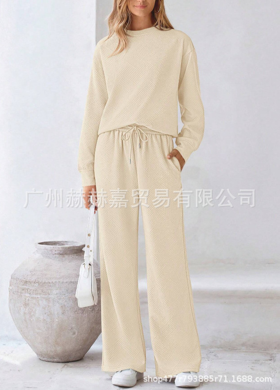 现货2025欧美宽松简约纯色休闲套装女秋冬季新款纹理抽绳运动装女|undefined
