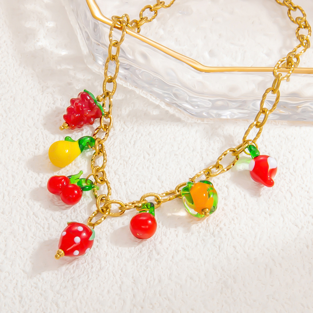 17g Weight PVD Coated Gold Plating Process 18K Gold Plated Plating Material Glass, Titanium Steel Pendant Material Pendant Necklace Classification Titanium Steel Chain Material Beaded Chain, Paperclip Chain, cable chain Chain Type 1 Piece Quantity Casual, Daily Occasion Glass, Titanium Steel Material Cherry, Heart Shape, Strawberry Pattern Women's Gender Plating Design Cute Style Gold Color Cute Cherry Heart Shape Strawberry 18K Gold Plated PVD Coated Glass Titanium Steel Beaded Chain Paperclip Chain Cable Chain Pendant Necklaces Wholesale 7