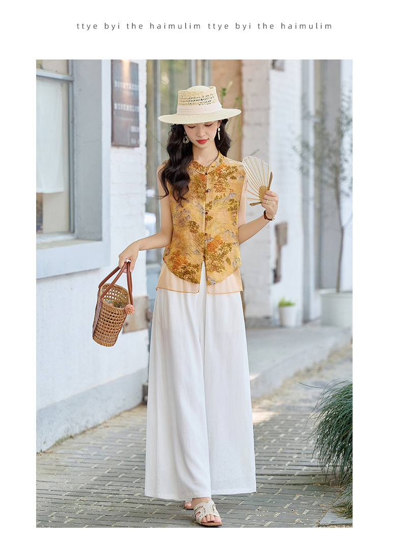 Bộ quần áo nữ hai mảnh gồm áo sơ mi cổ đứng họa tiết jacquard và quần ống đứng — Màu ảnh chi tiết 17