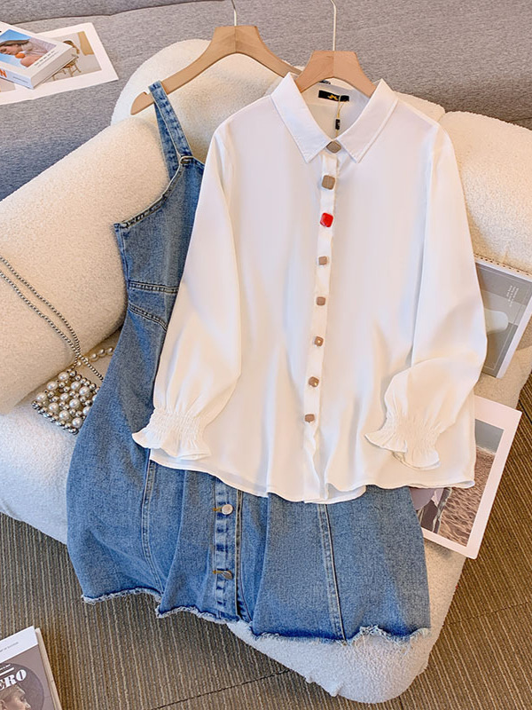 130-320 plus size women's shirt strap denim skirt two-piece suit 2024 spring and autumn new chubby girl foreign temperament