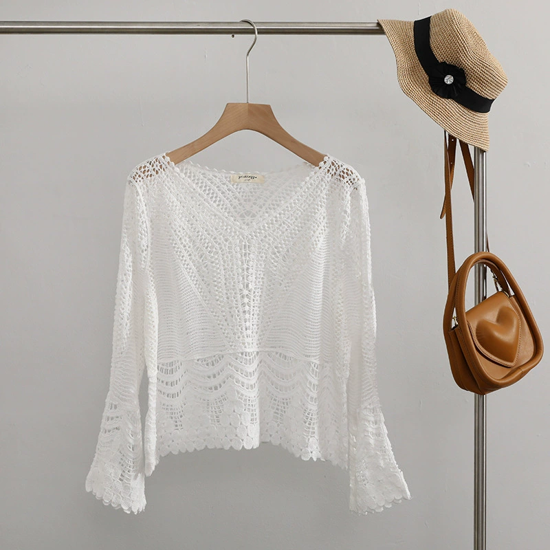 Summer thin knitted long-sleeve, V-neckline, sun protection, oversize