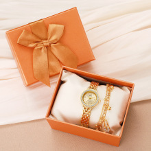 2pcs/set小众简约圆形镶钻表盘钢带手表+双层设计感手链套装