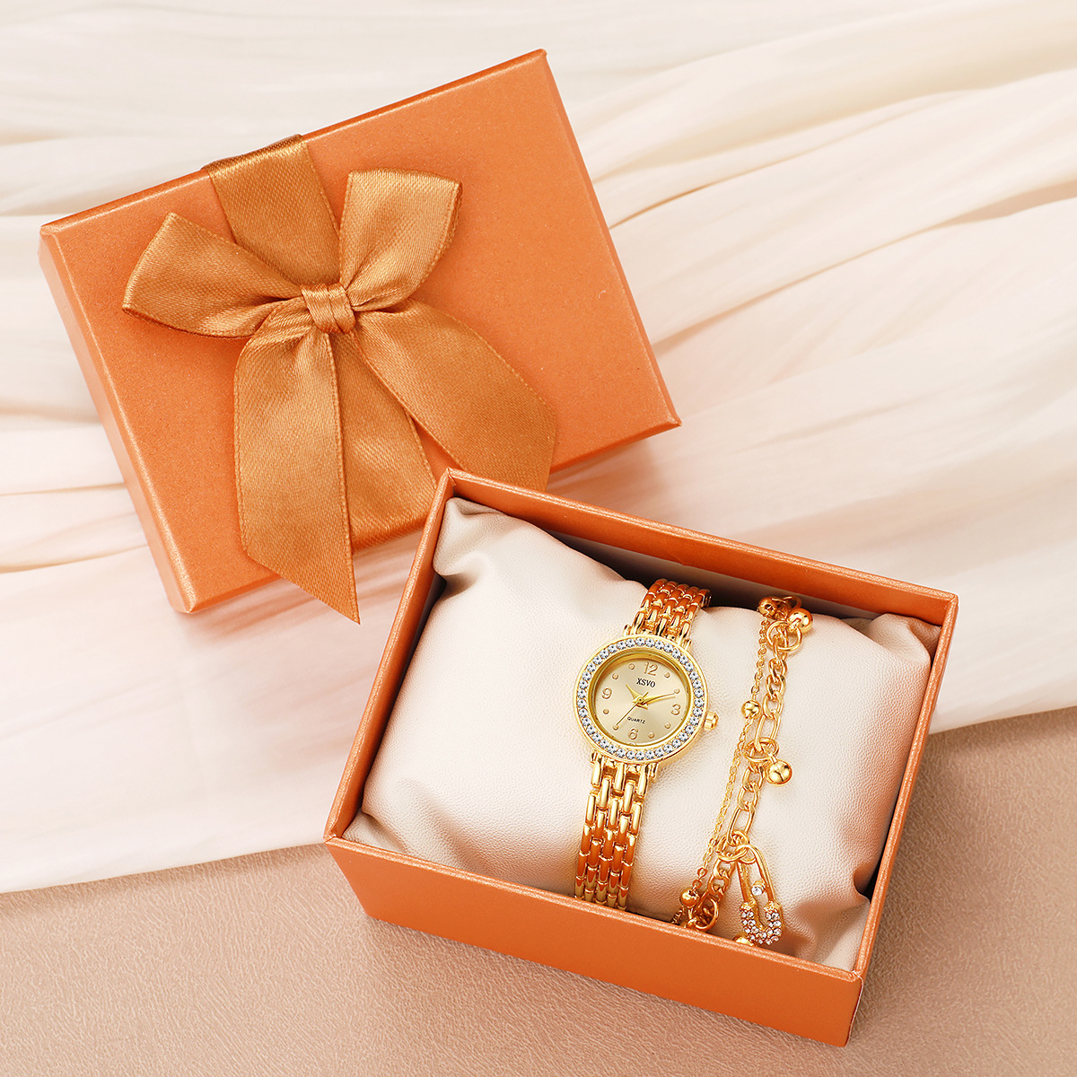 2pcs/set小众简约圆形镶钻表盘钢带手表+双层设计感手链套装