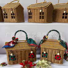 新款圣诞新年藤篮竹篮含丝带装饰