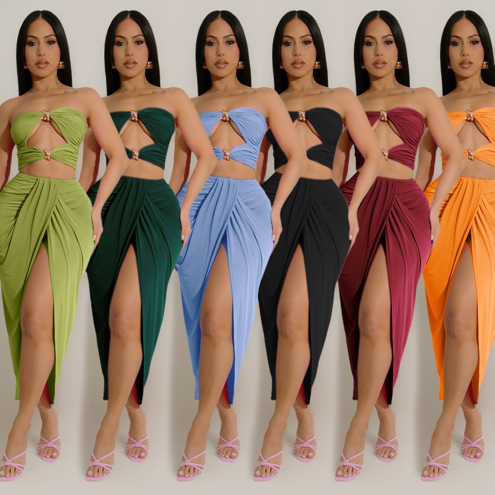 ZY6191 Cross-border European and American suit Strapless Hollow Top Split Elastic Skirt Pleated Skirt Sexy Two-piece Set