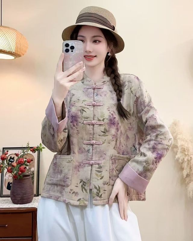 古咖服饰秋季新款文艺盘扣衬衫长袖拼接短外套女复古气质印花上衣|undefined