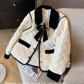 撞色丝绒小香风棉服女冬季新款感蝴蝶结气质夹棉棉衣外套