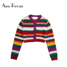 Ann Revan设计师款圆领短款彩虹条纹毛衣修身撞色马海毛长袖开衫