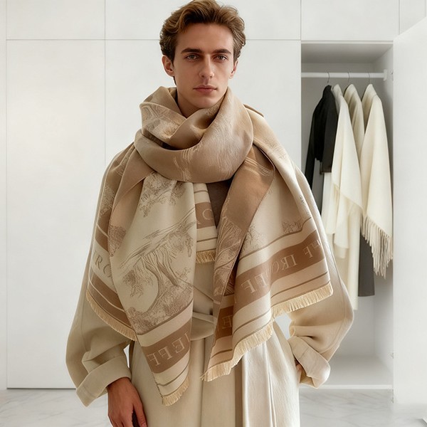 Light Luxury Style Imitation Cashmere Jacquard Shawl for Women, Winter Warm Double-Sided Printed Landscape Painting Scarf, Outerwear Layering Neck Warmer