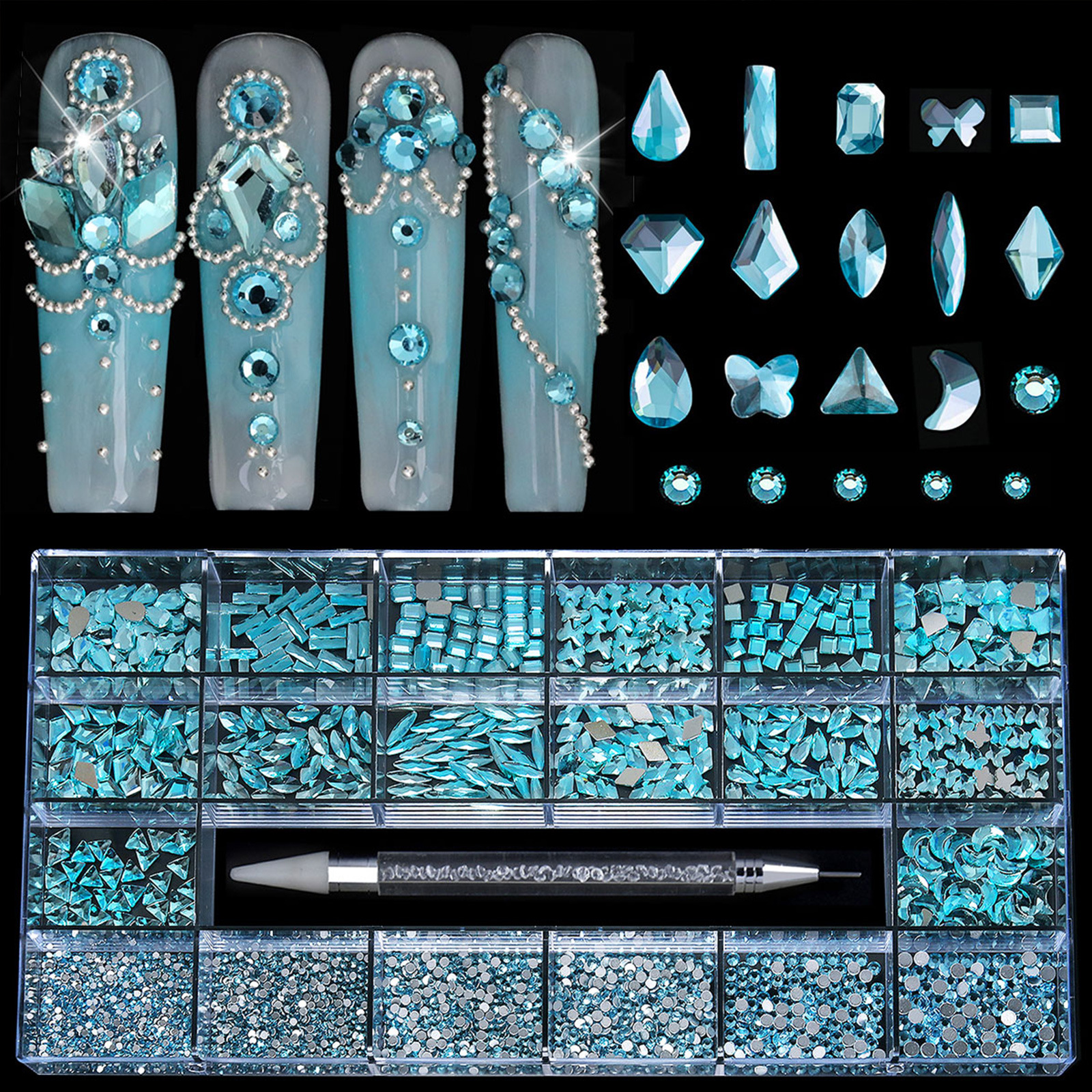 Clavo transfronterizo 21 rejilla rhinestone en caja taladro de uñas plano en forma especial diamante uñas rhinestone joyería traje al por mayor