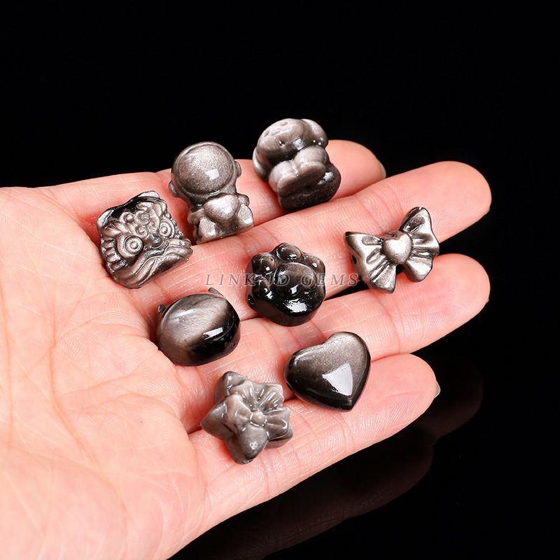 Jingyao Accessories Natural Silver Obsidian Small Carving Pieces Awakening Lion Nine-Tailed Fox Butterfly Accessories DIY Jewelry Pendant Wholesale