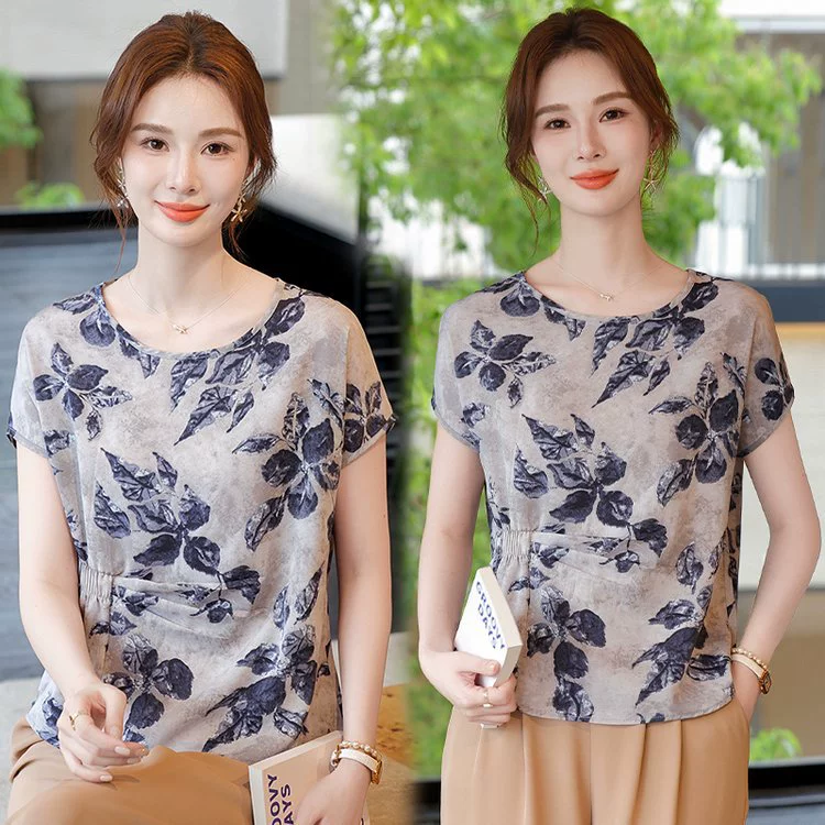 Женская одежда больших размеров, женственная шифоновая рубашка, закрывающая живот, летняя мода, свободные футболки для женщин среднего и пожилого возраста, топы для женщин