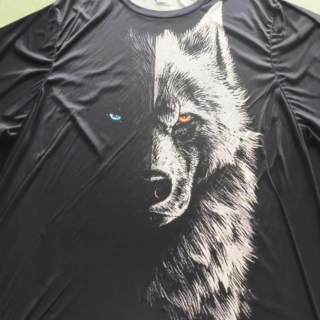 Camiseta transfronteriza de cuello redondo de manga corta transpirable de malla suelta de los hombres con estampado 3D de lobo oscuro
