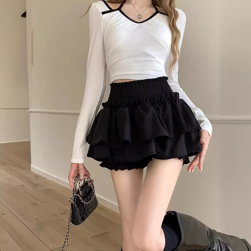 黑色褶皱半身裙女夏季芭蕾风蛋糕裙子高腰显瘦a字裙防走光短裤裙|undefined