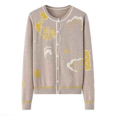 內蒙古冬寬松大碼外穿女士針織開衫外套女韓版提花簡約羊絨毛衣女