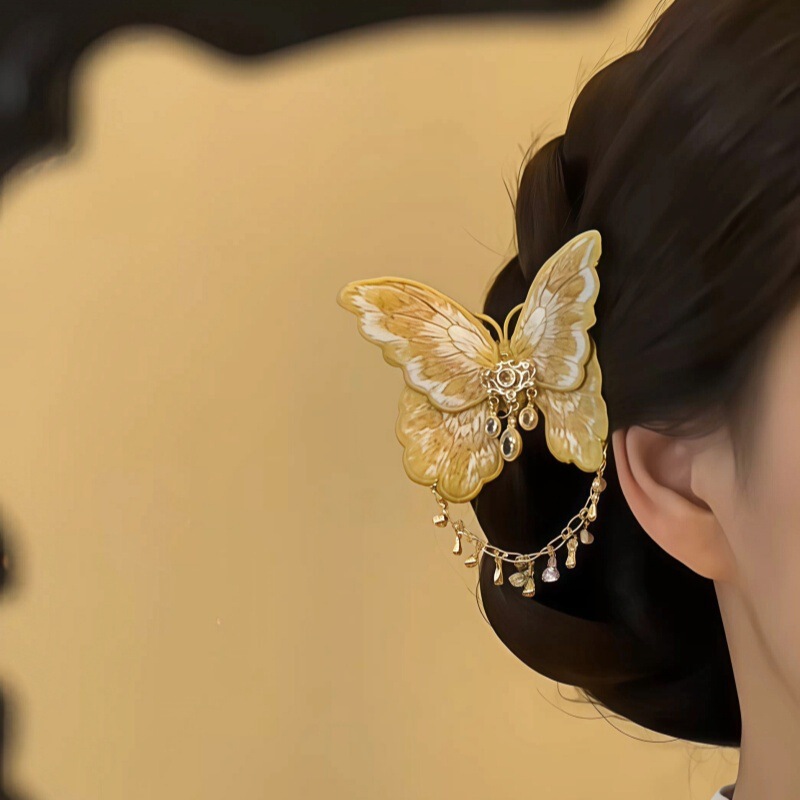 "Jinling Ye Die" New Chinese-Style Gold Embroidered Butterfly Tassel Hairpin, Traditional Style Qipao Side Hairpin for Updos