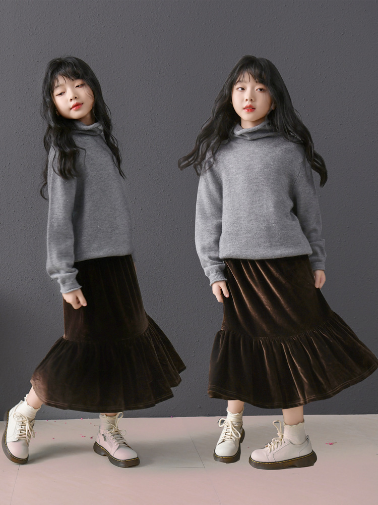 Falda de terciopelo negro café para niñas de dos colores otoño e invierno Nueva falda de estilo occidental para niños