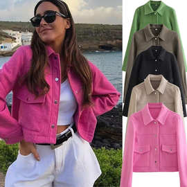 一件代发跨境秋季新品欧美女装休闲软呢衬衫毛呢外套上衣