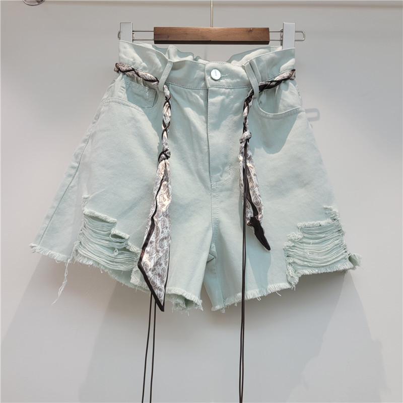 Pantalón Corto de Mezclilla de Cintura Alta con Rasgados Corte A para Verano