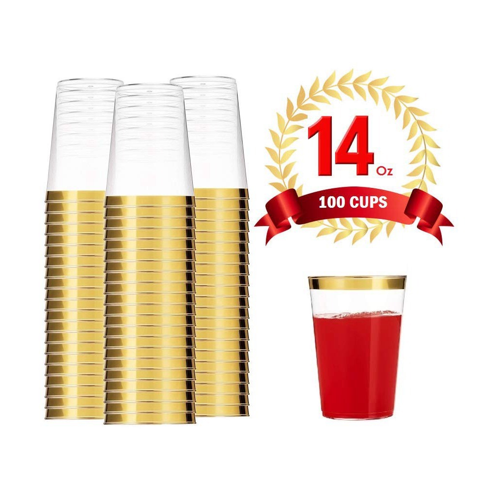 14oz borde dorado taza transparente Doble Oro borde desechable cara taza de plástico cocina drinkware
