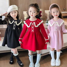 儿童秋冬季小香风珍珠毛衣裙女童长袖花瓣领公主连衣裙女孩裙子