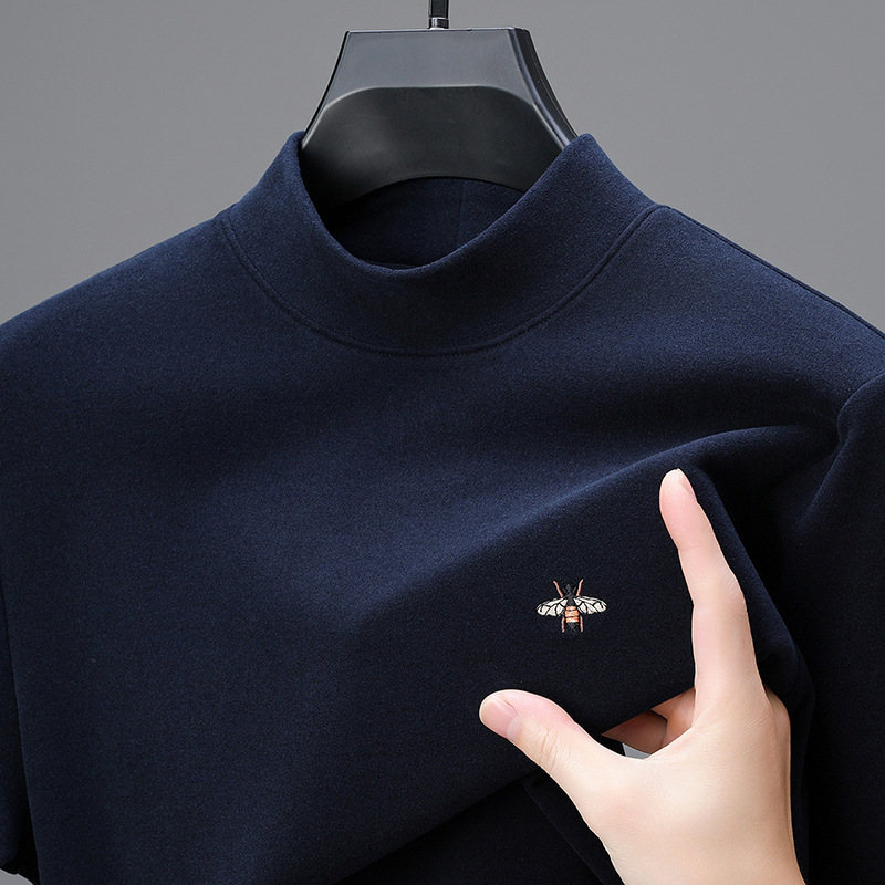 Men's Half-Turtleneck Thermal Base Layer Shirt 2025 Autumn and Winter Thickened Warm Double-Sided Fleece Pullover Embroidered Long-Sleeve Top Trendy Cotton