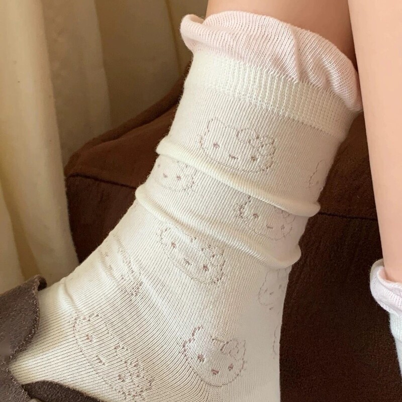 Kitty Cat Bubble Lace Socks for Women, Summer Thin Breathable Mid-Calf Socks, Japanese Style Trendy Sweet Hollow-Out Slouch Socks