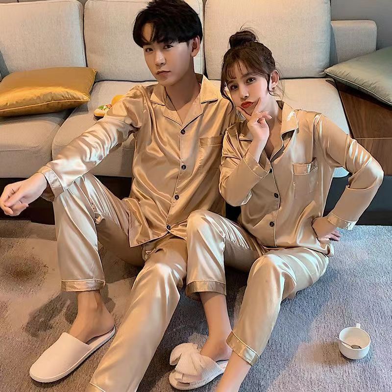 Fábrica directa de parejas pijamas de seda de hielo primavera y otoño manga larga suelta gran seda de color sólido conjunto de ropa de hogar transfronteriza