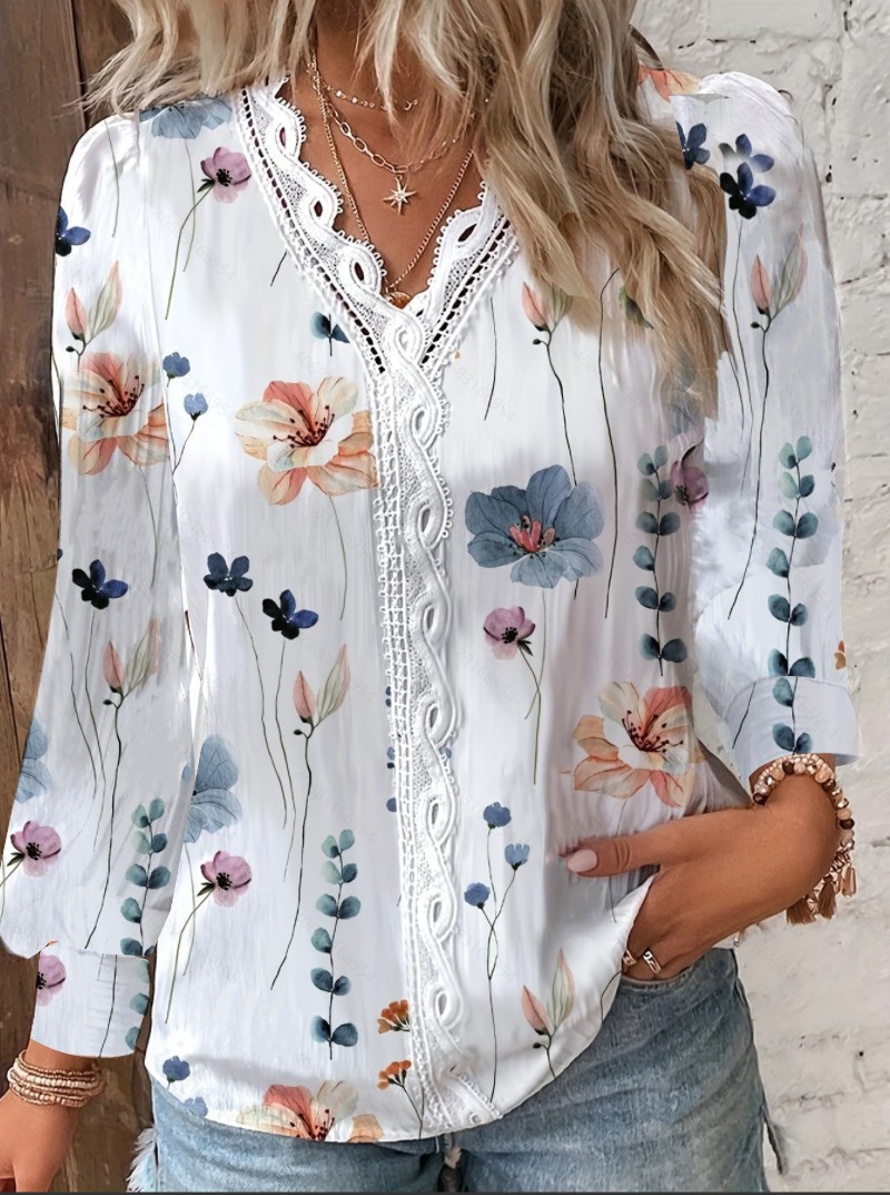 2023 estación independiente deseo Amazon popular otoño nueva manga larga cuello en V encaje costura camisa para las mujeres