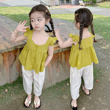 女童夏季套装韩版2024新款洋气小公主飞袖方领吊带衫长裤薄款纯色