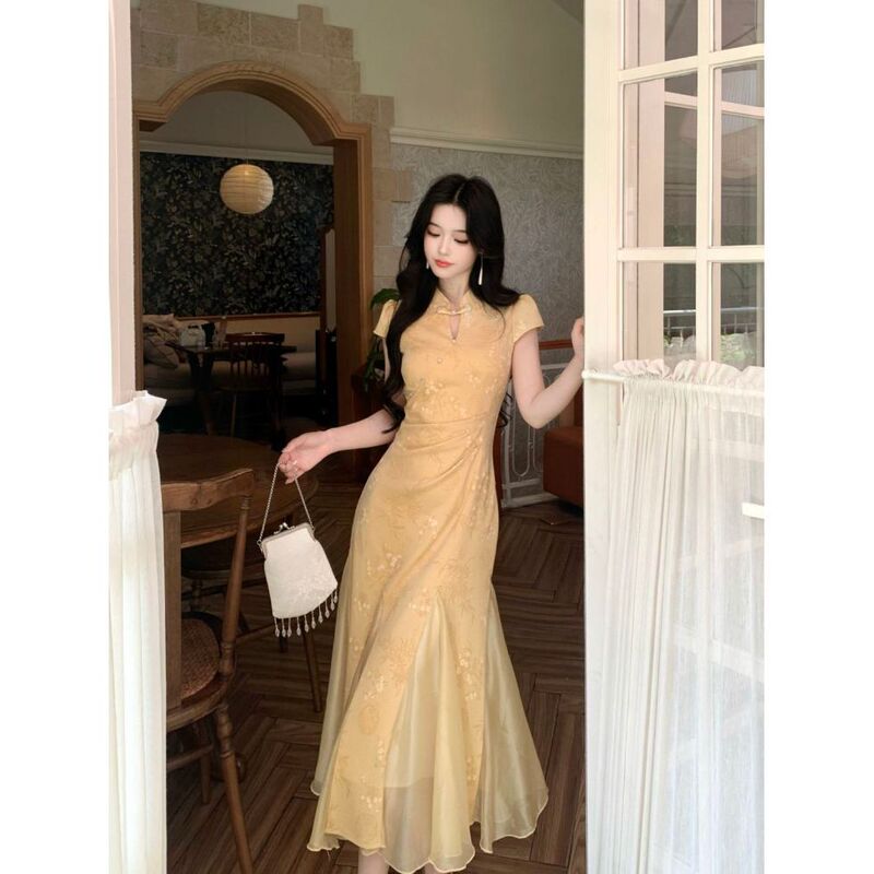 Yuhsui Jinlan New Chinese Style Yellow Mermaid Tail Improved Engagement Qipao Dress 2026 Summer Elegant Dress Yuhsui Jinlan New Chinese Style Yellow Mermaid Tail Improved Engagement Qipao Dress 2026 Summer Elegant Dress
