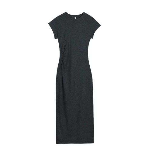 Ins trendy pure desire niche body-shaping slimming short-sleeve dress for women summer Korean version with waist-cinch long dress for women