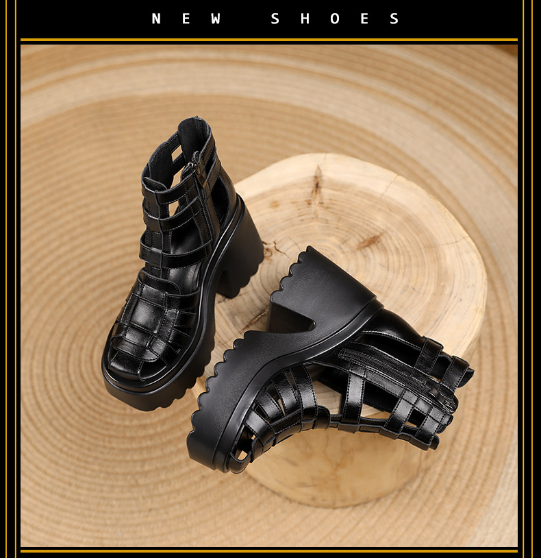 Boot cổ thấp nữ đế tăng chiều cao 10 cm, phong cách martin, thiết kế hở mũi cách điệu — màu đen chi tiết 11