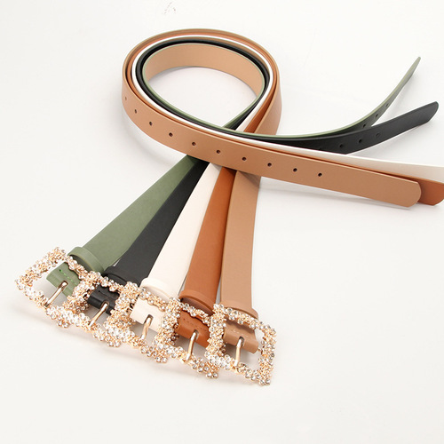 Women's belt alloy inlaid rhinestone pin buckle with dress decorative belt elegant and versatile niche pu belt