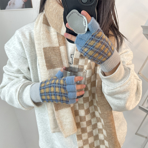 Japanese-style color-blocked warm gloves for women, autumn and winter knitted with extra lining, half-finger driving and cycling split gloves for women, trendy student-style