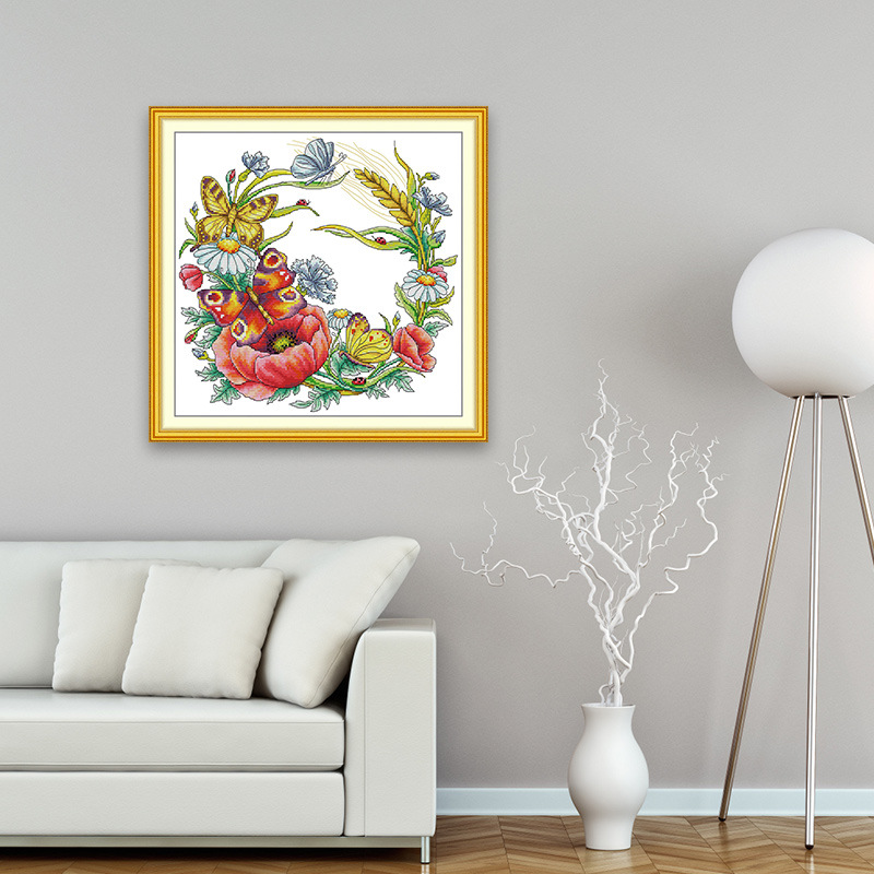 NKF新款十字绣线绣花卉系列 蝴蝶花环 DIY刺绣材料批发厂家代发