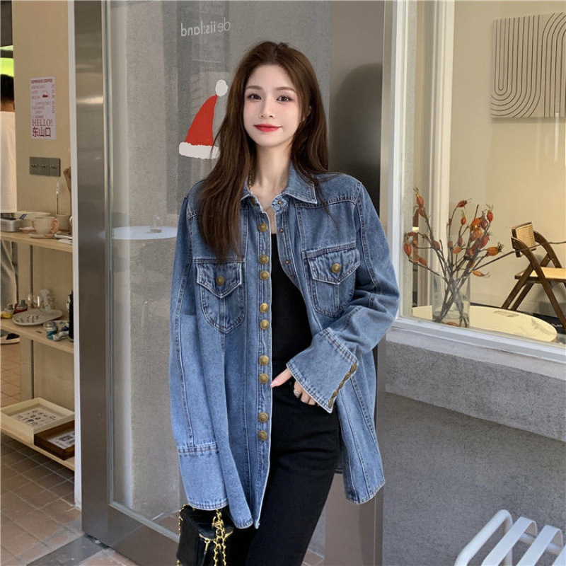 Metal Breasted Denim Shirt Women's 2022 Spring and Autumn Hong Kong Style Fashion Retro Collar Casual All-match Coat Top