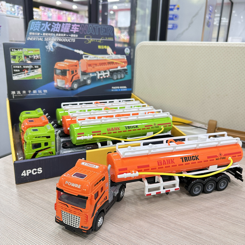 4 Realistic Sound and Light Spray Oil Tanker Pull-Back Cars with Music for Boys, Children's Toys, Parent-Child Interaction, Night Market Stall