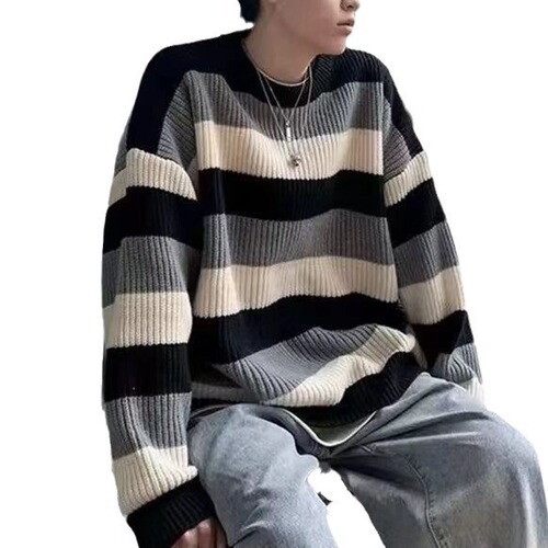 Japanese retro striped loose casual men's winter 2024 Hong Kong-style versatile minimalist round neck knit sweater