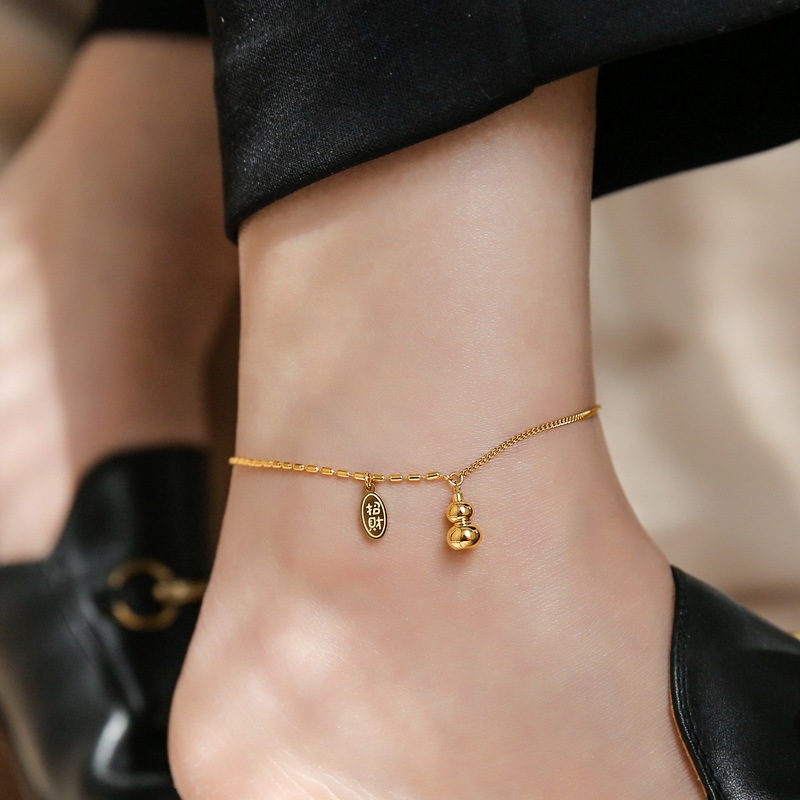 Niche Retro 18K Gold Plated Ping An Gourd Anklet Asymmetric Chain High-grade Light Luxury Women's Gift Mother's Day