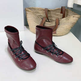 2025新款时尚平底弹力靴女休闲短靴绑带拼接弹力瘦瘦靴女士马丁靴