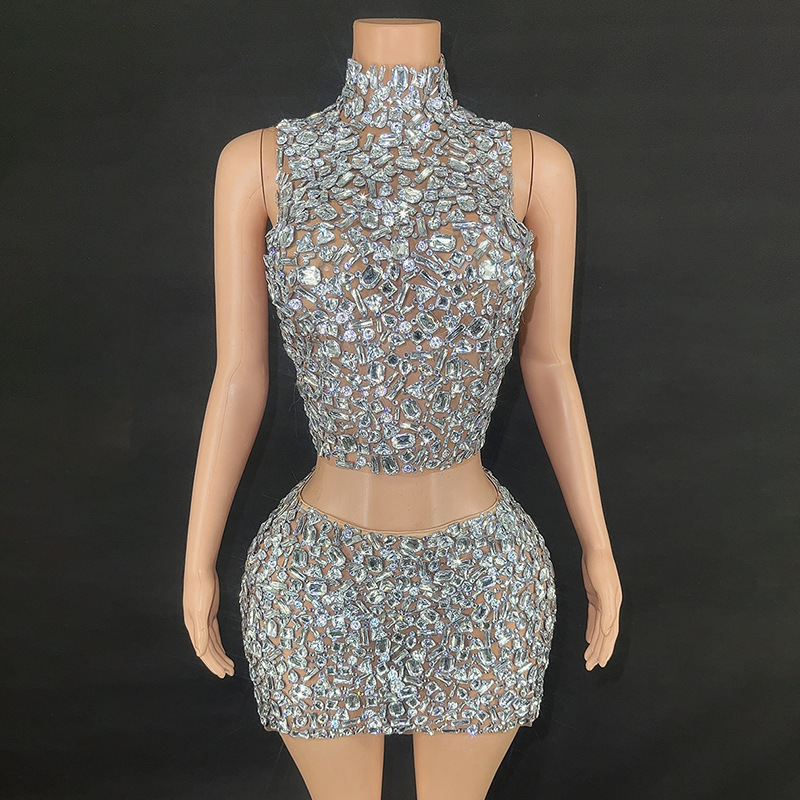 AliExpress Amazon cross-border Star same rhinestone mesh sexy tight mini skirt evening dress