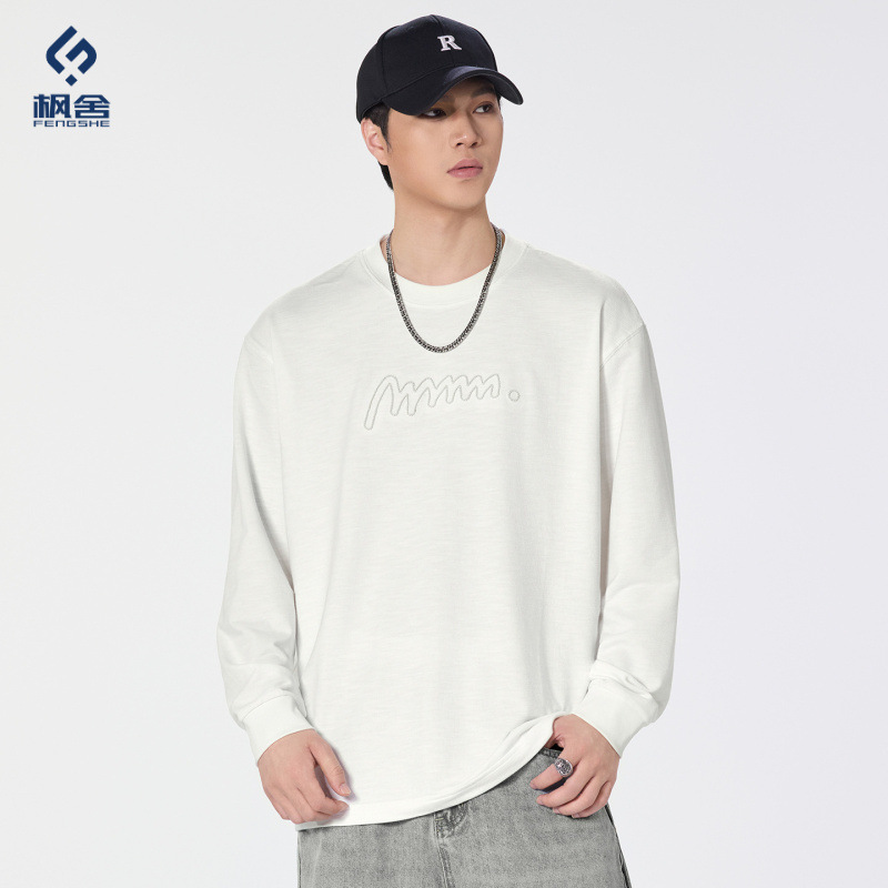 Maple House Men's Clothing / Long-sleeved T-shirt with letter embroidery, round neck, loose fit, Japanese retro style, new spring style