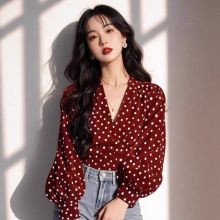 复古港风绝美红色波点长袖真丝衬衫女秋季气质减龄桑蚕丝V领衬衣