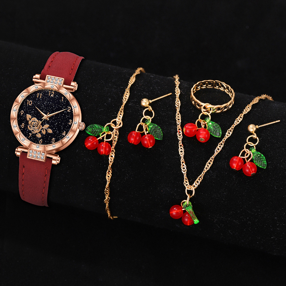 Red frosted strap + flower dial + cherry accessory bracelet