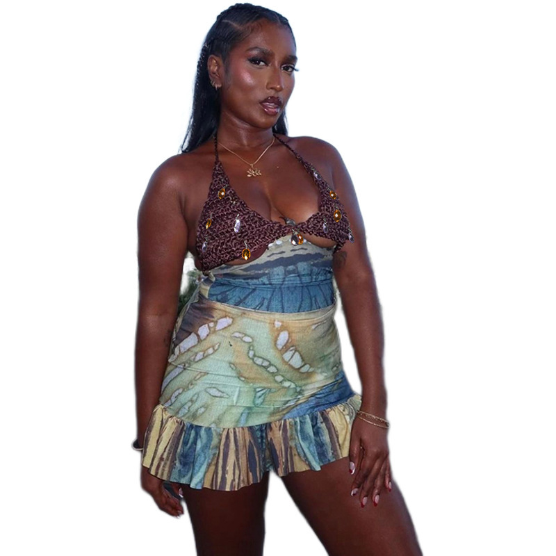 Summer Women's Sexy Backless Tube Top High Waist Skirt Suit Small Printed Female Clothing Set_ecoleips.com