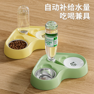 Pet double bowl drinking water feeding integrated two-in-one anti-knock dog bowl cat bowl factory direct pet supplies